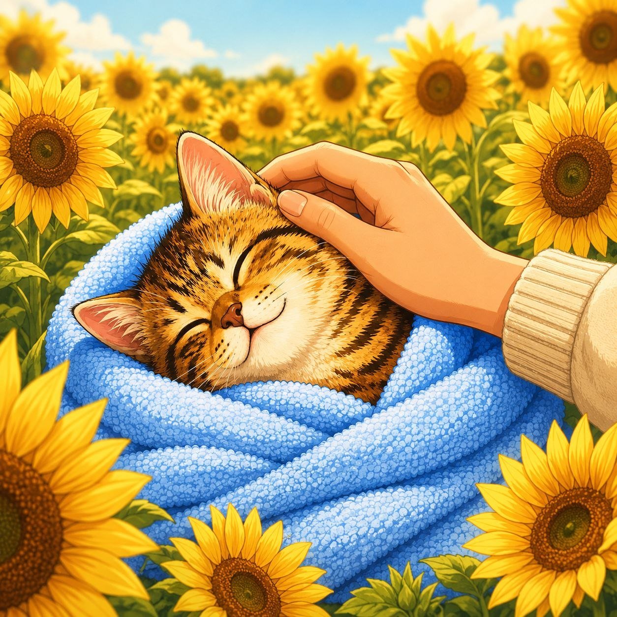 The kitten resting in a sunflower field